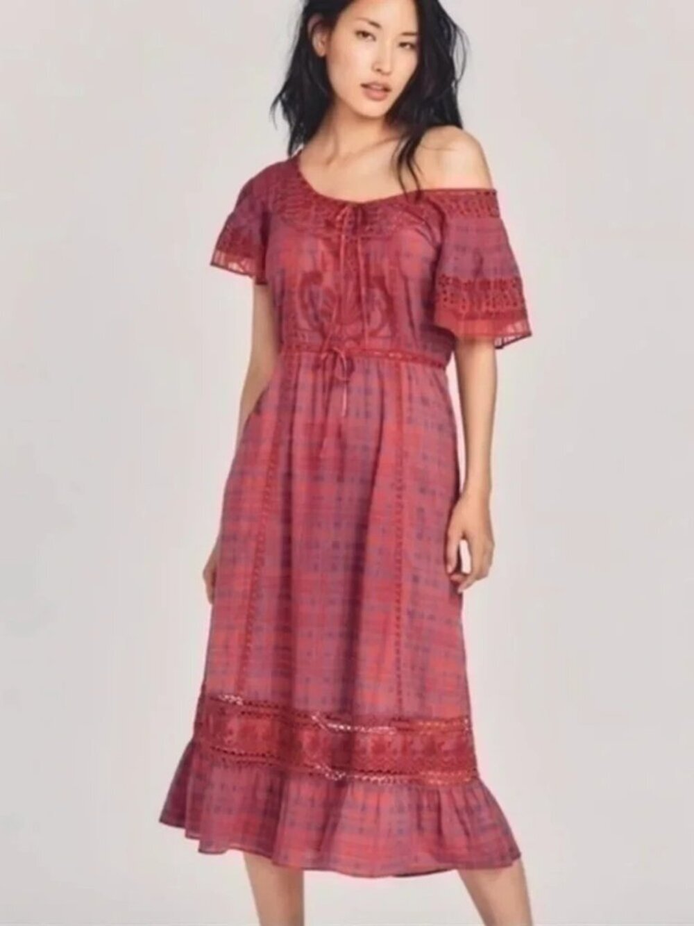 LoveShackFancy Madeline Midi Dress Plaid Ruby Red Eyelet Cottagecore Medium